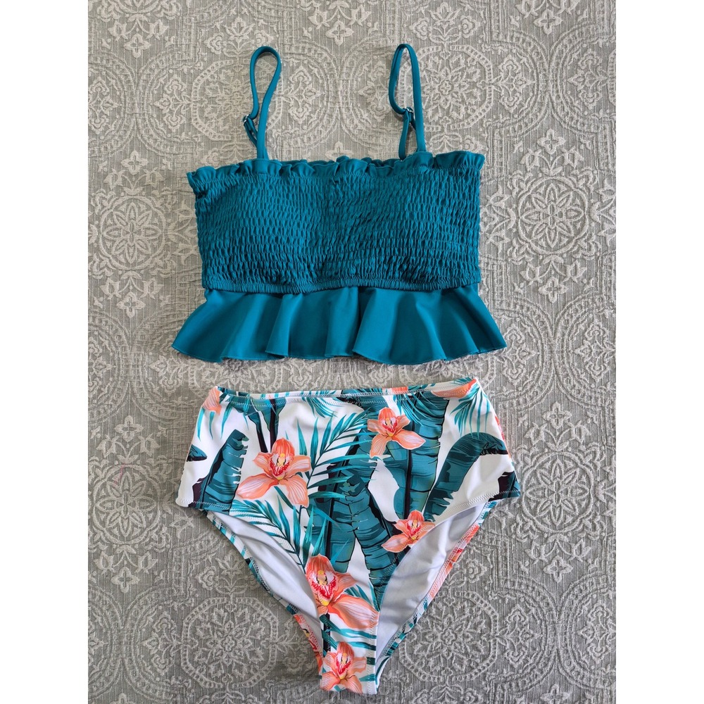 CUPSHE Teal Smocked Ruffle Bikini Set Tropical Floral High Waisted Swimsuit NEW